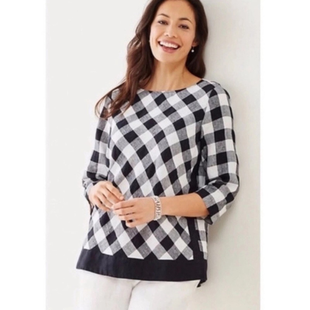 J Jill Womens Linen Top Size 2X Black White Check Loose Casual Contrast